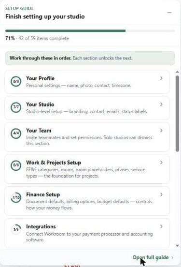 The Setup Guide opened from the Onboarding button, showing progress and the first sections