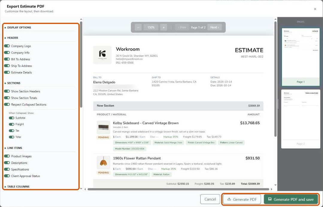 Export Estimate PDF panel with display options and live preview