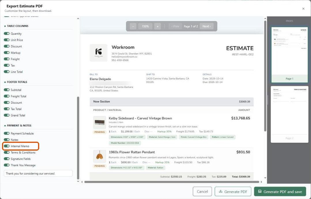 Table columns, footer totals and payment & notes toggles