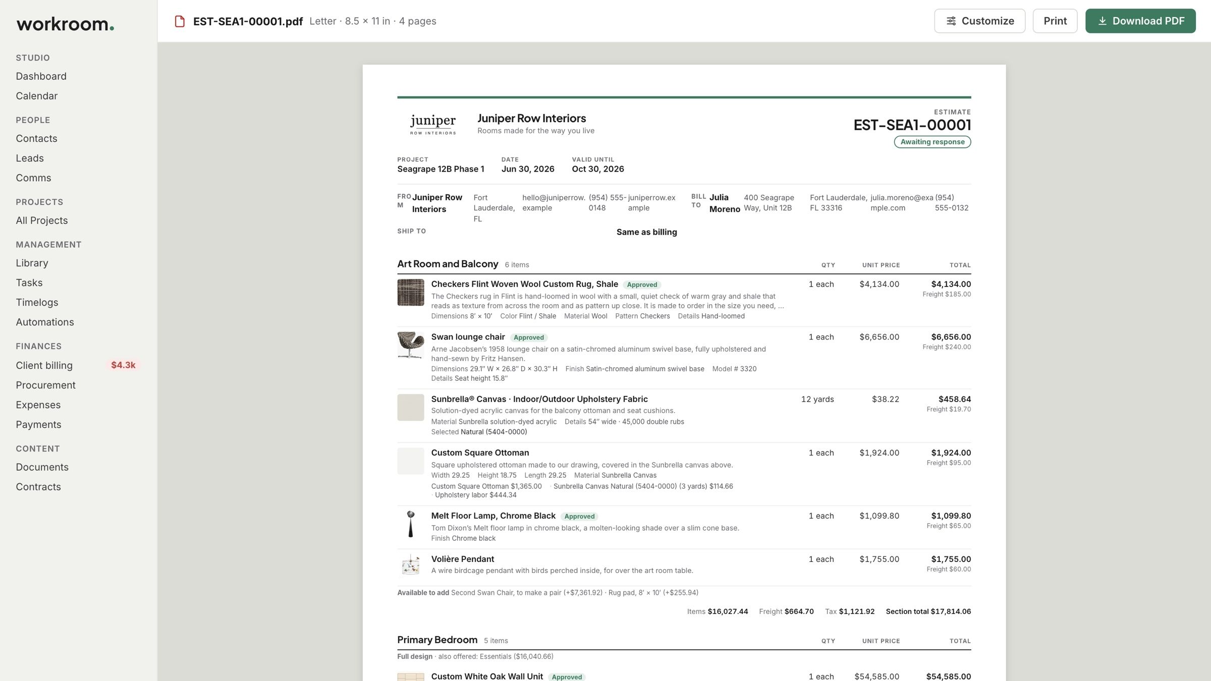 An estimate’s PDF with Customize, Print and Download PDF