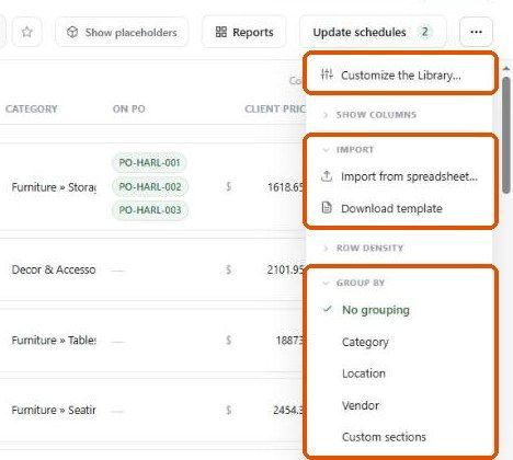Library ⋯ menu with Import from spreadsheet and Download template