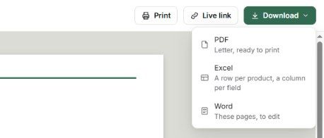 Download options: PDF, Excel and Word