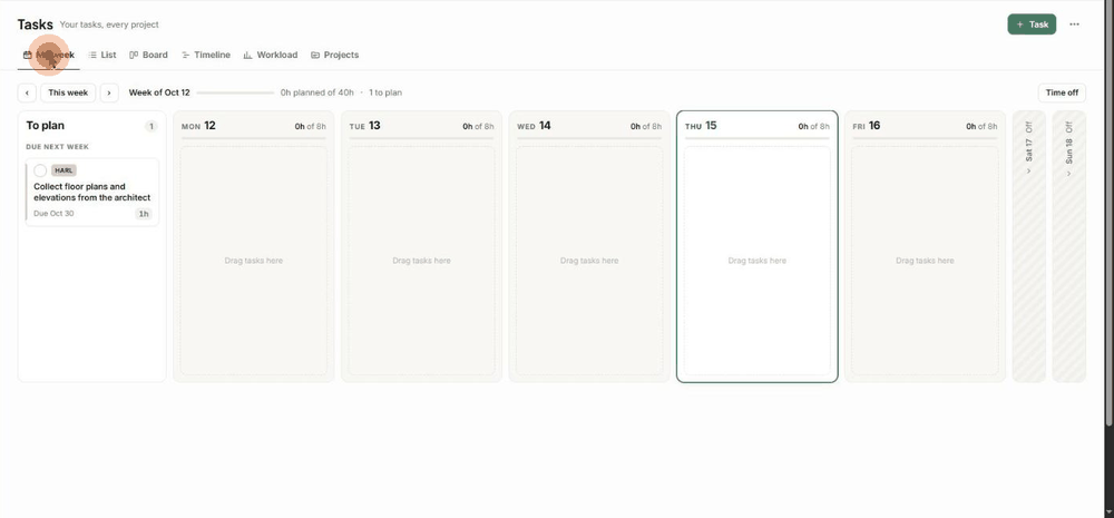 Switching between My week, List, Board, Timeline, Workload and Projects