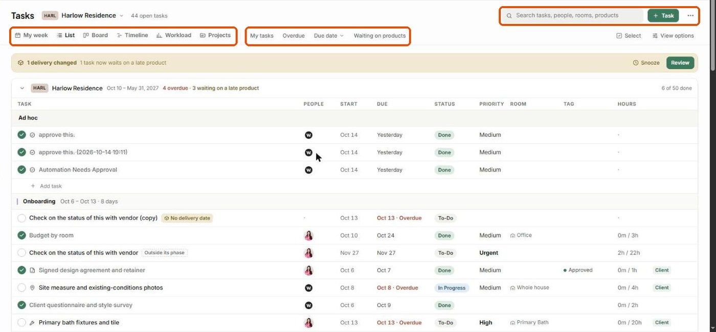 The Tasks List view with view tabs, filters, search, + Task and the menu