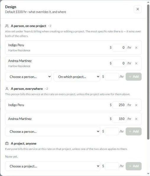 The overrides dialog for Design: person on one project, person everywhere, and project