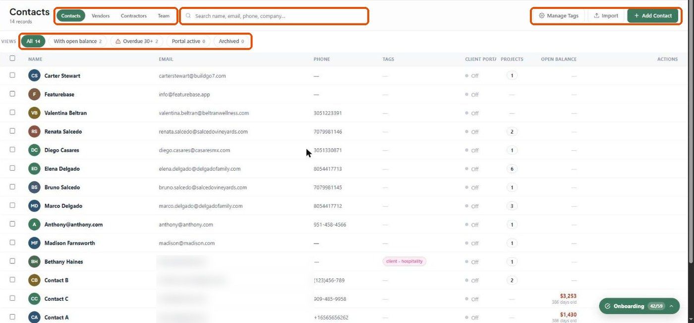 The Contacts page with record tabs, search, Manage Tags, Import, Add Contact and the Views