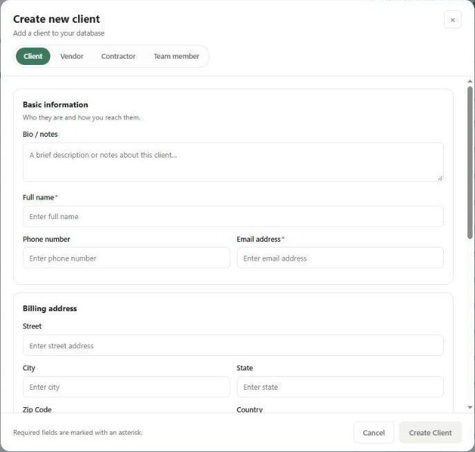 Create new client: Basic information and Billing address