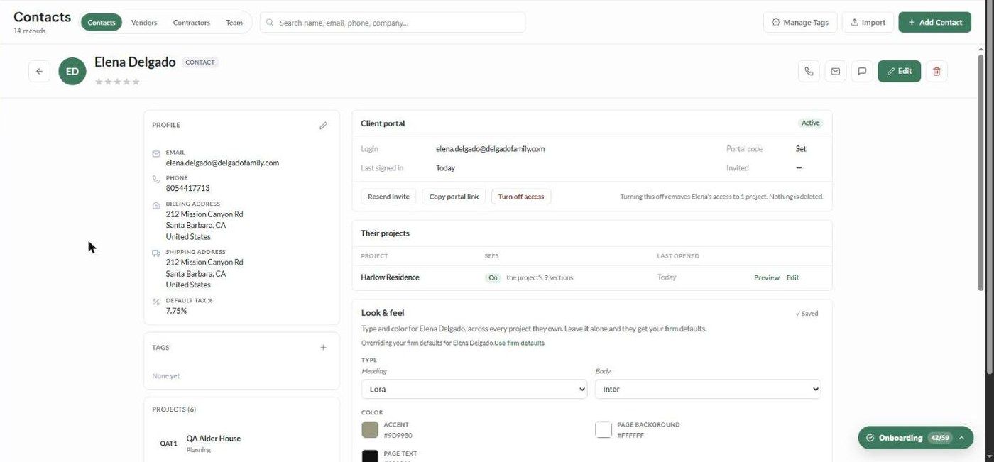 A client profile with Profile, Client portal, Their projects and Look and feel
