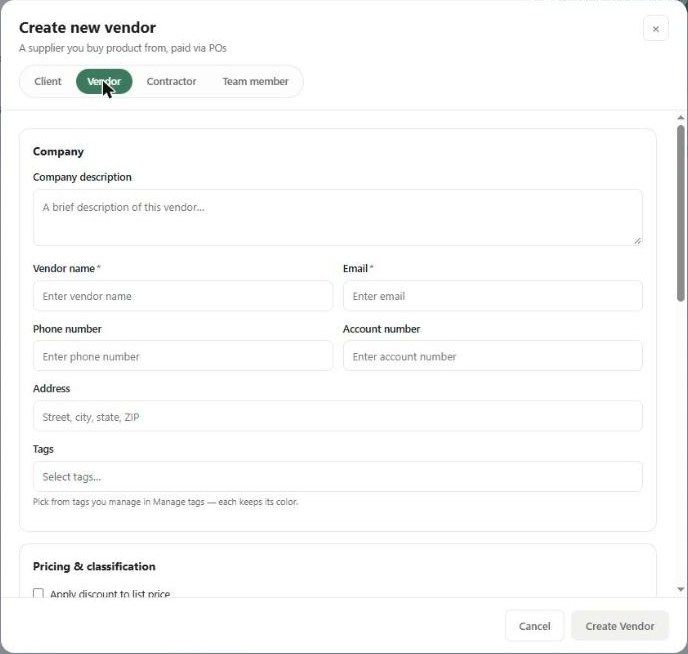 Create new vendor: Company details and tags