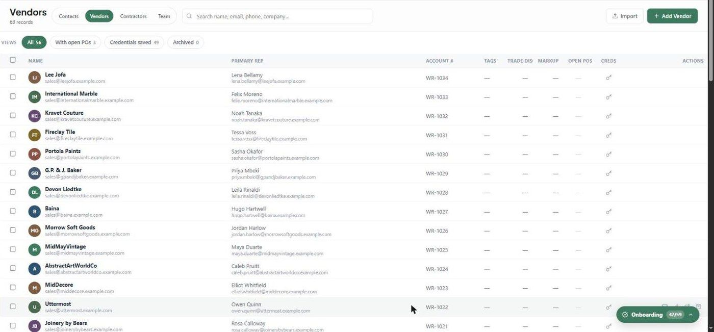 The Vendors list with primary rep, account number and saved credentials