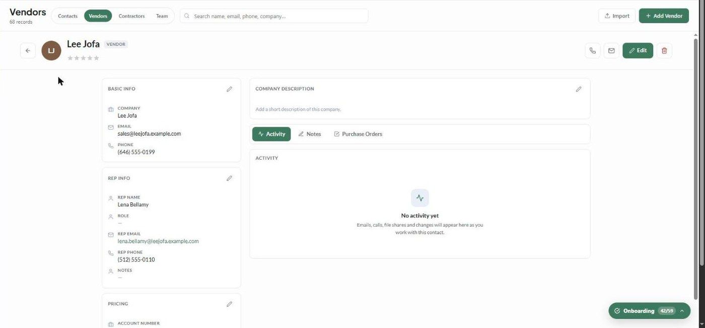 A vendor profile with basic info, rep info and the Activity, Notes and Purchase Orders tabs