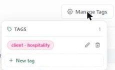 The Manage Tags panel with an existing tag, edit and delete icons, and New tag