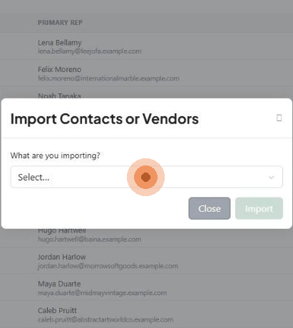 Choosing Contacts in the import dialog to show the template download and upload area