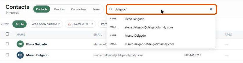 Searching delgado on Contacts: the list filters and suggestions show matching names and emails