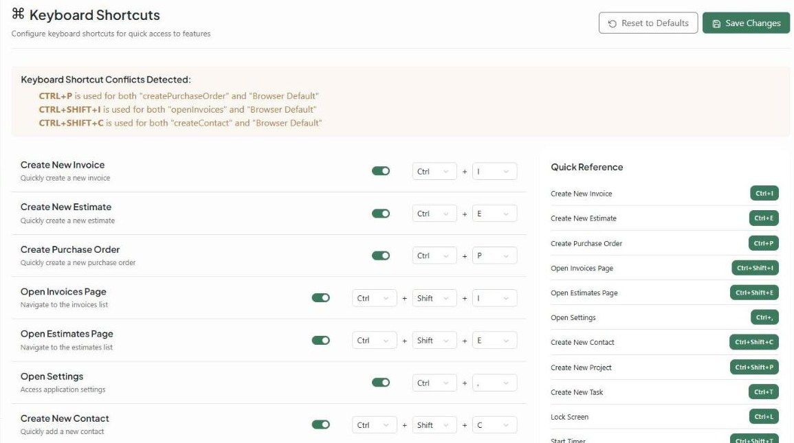 Keyboard Shortcuts settings with the conflict warning, per-shortcut keys and the Quick Reference