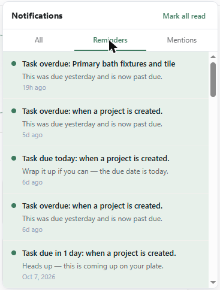 The Reminders tab with due and overdue task alerts