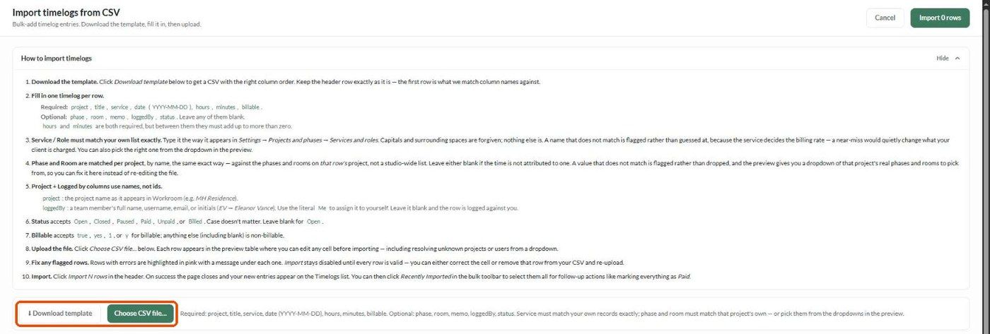 Import timelogs from CSV page with instructions, Download template and Choose CSV file