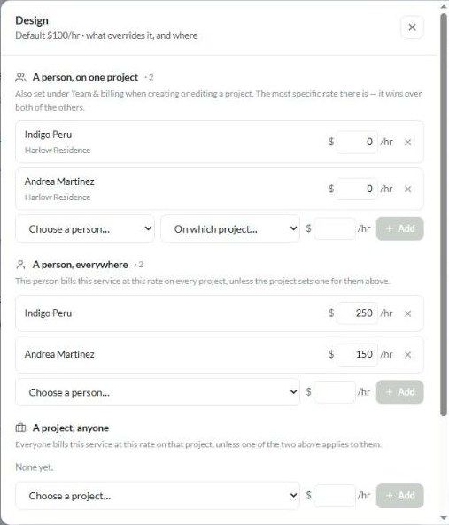 Rate overrides for the Design service: person on a project, person everywhere, and project