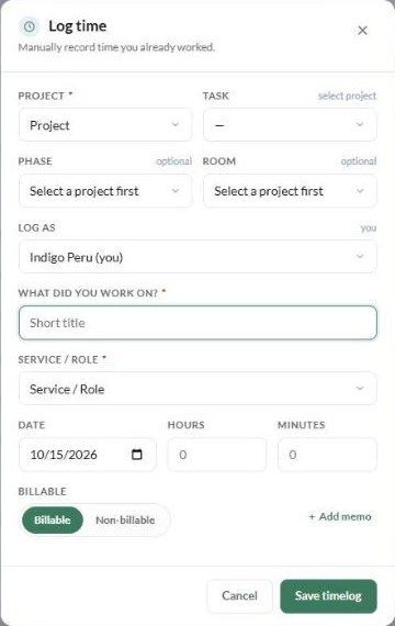 The Log time dialog with Project, Service / Role, date, hours and Billable
