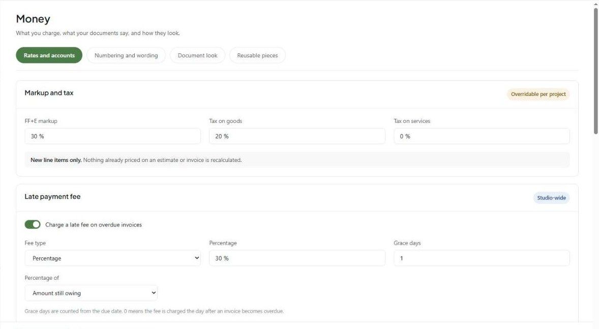 Money → Rates and accounts with FF+E markup and tax defaults