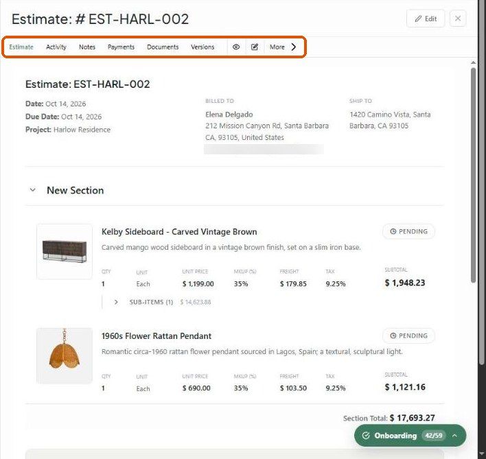 Estimate quick view panel
