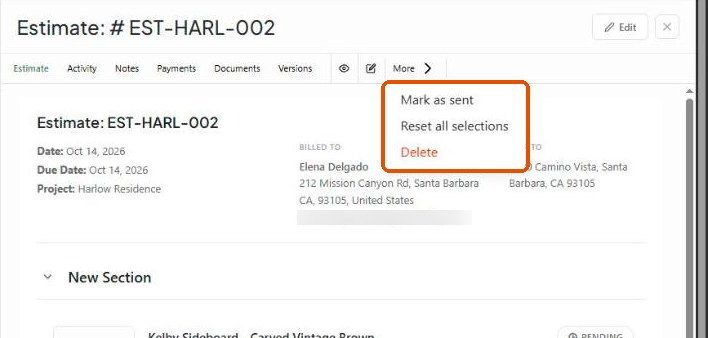 More menu with Mark as sent, Reset all selections and Delete