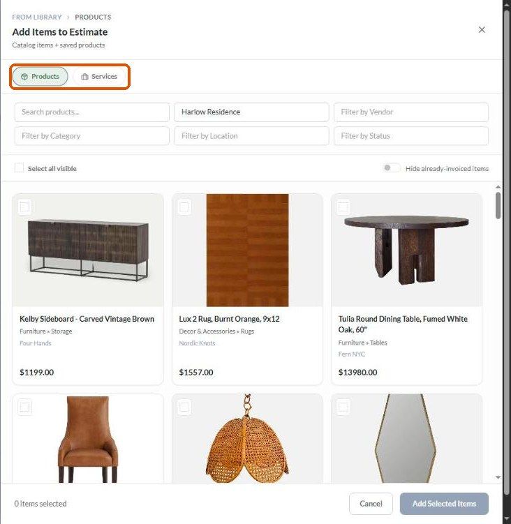Add Items to Estimate panel
