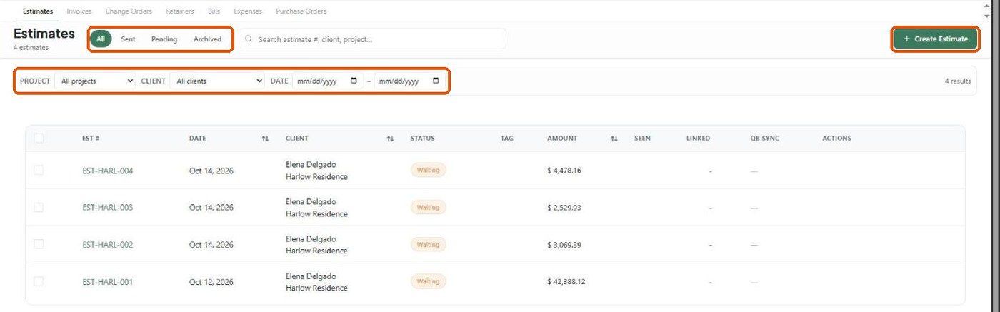 Estimates list with status filters, search, filters and Create Estimate