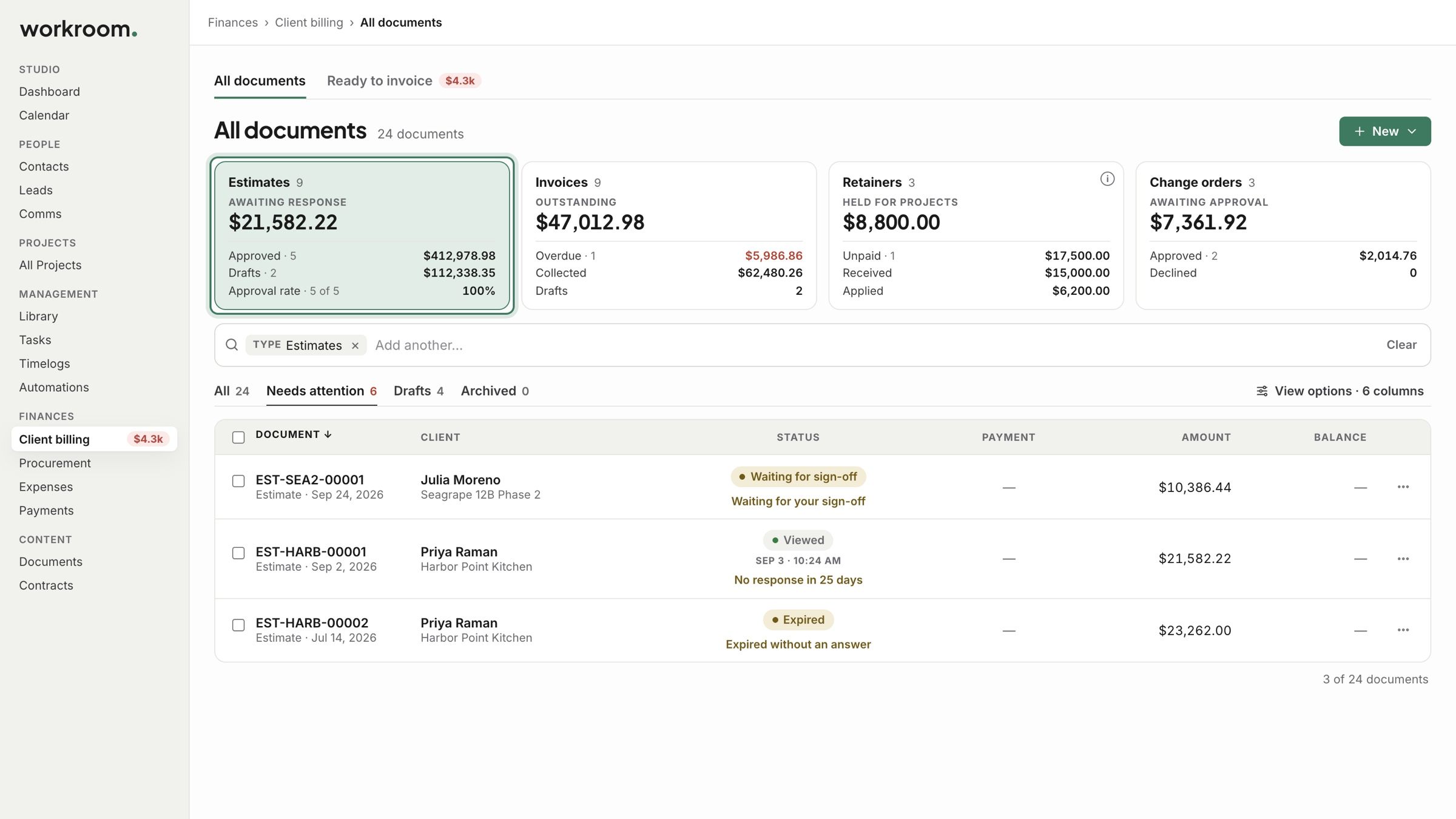 All documents with the Estimates tile chosen