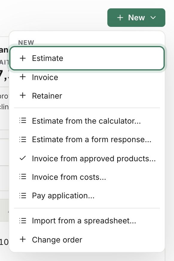The New menu with Estimate
