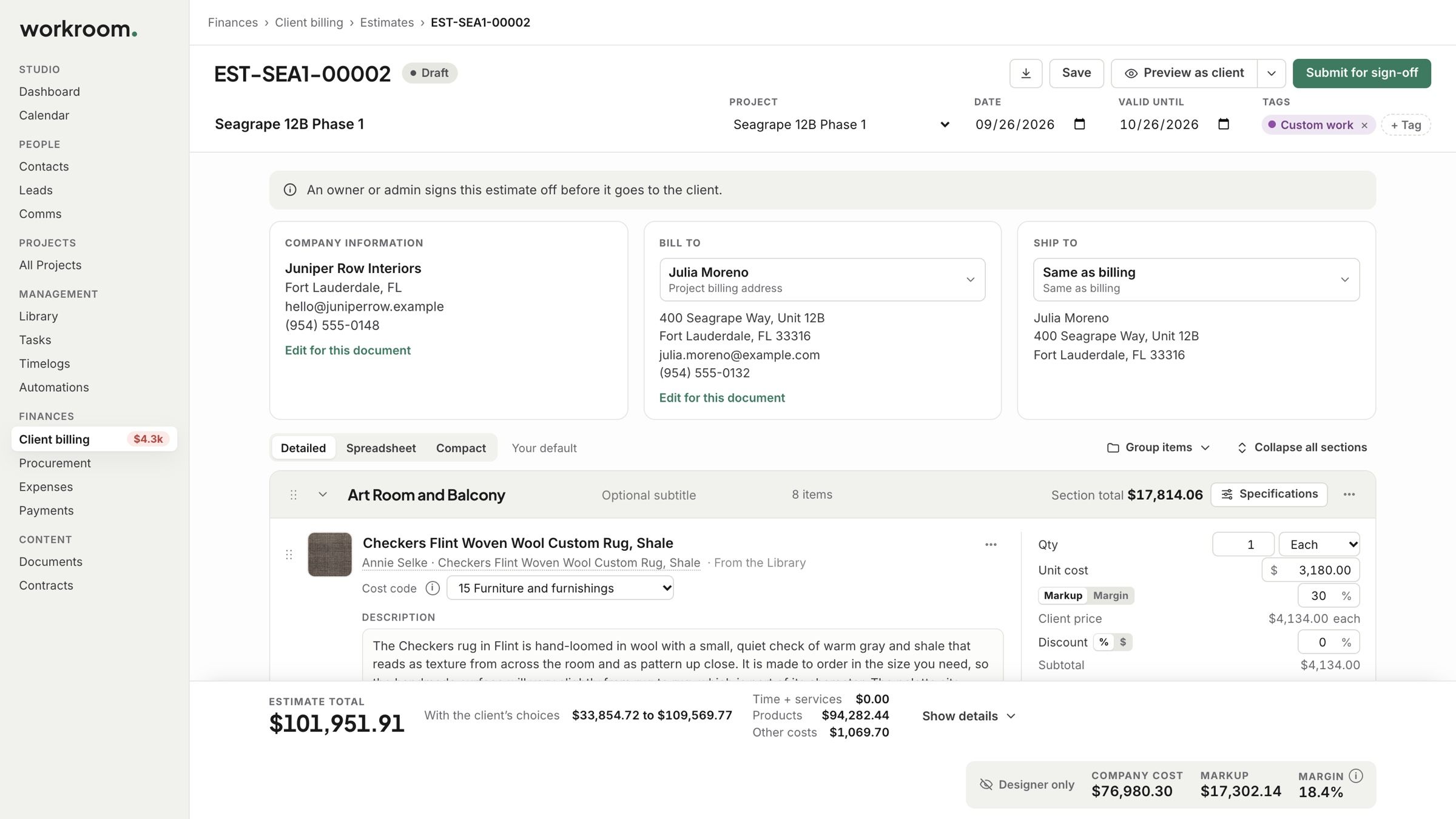 An estimate in the editor