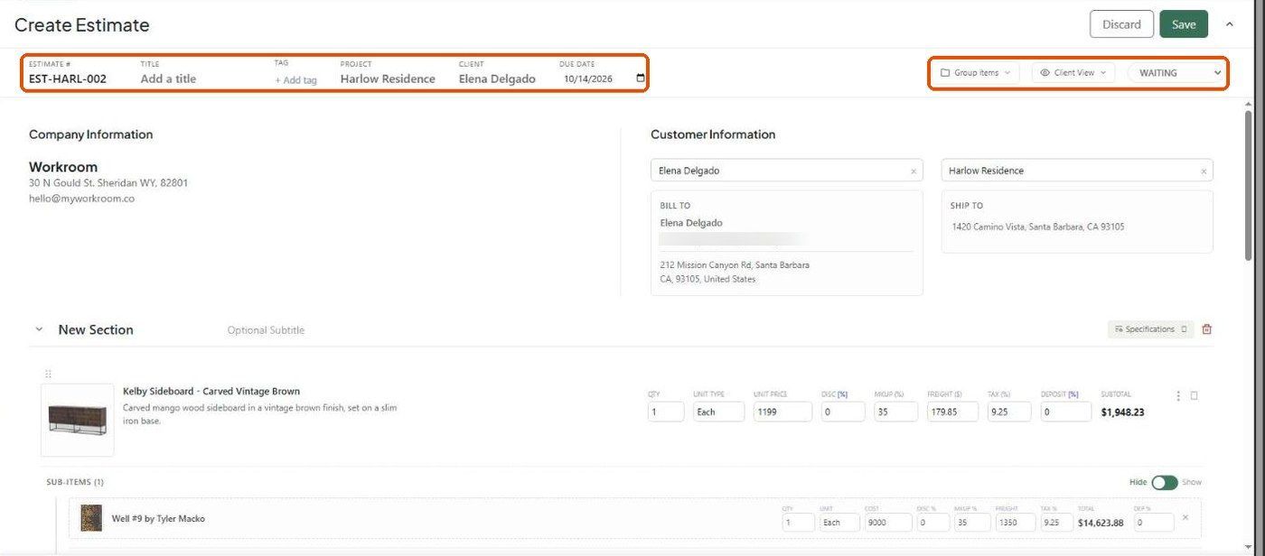 Estimate editor header with Group items, Client View and status