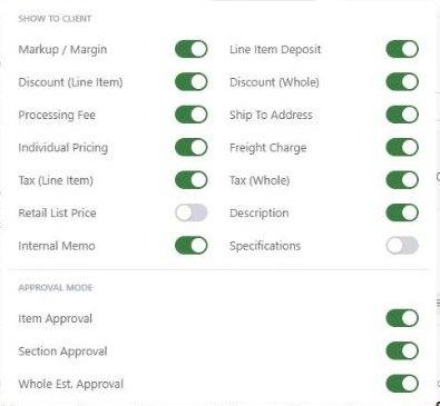 Client View menu with Show to client toggles and Approval mode