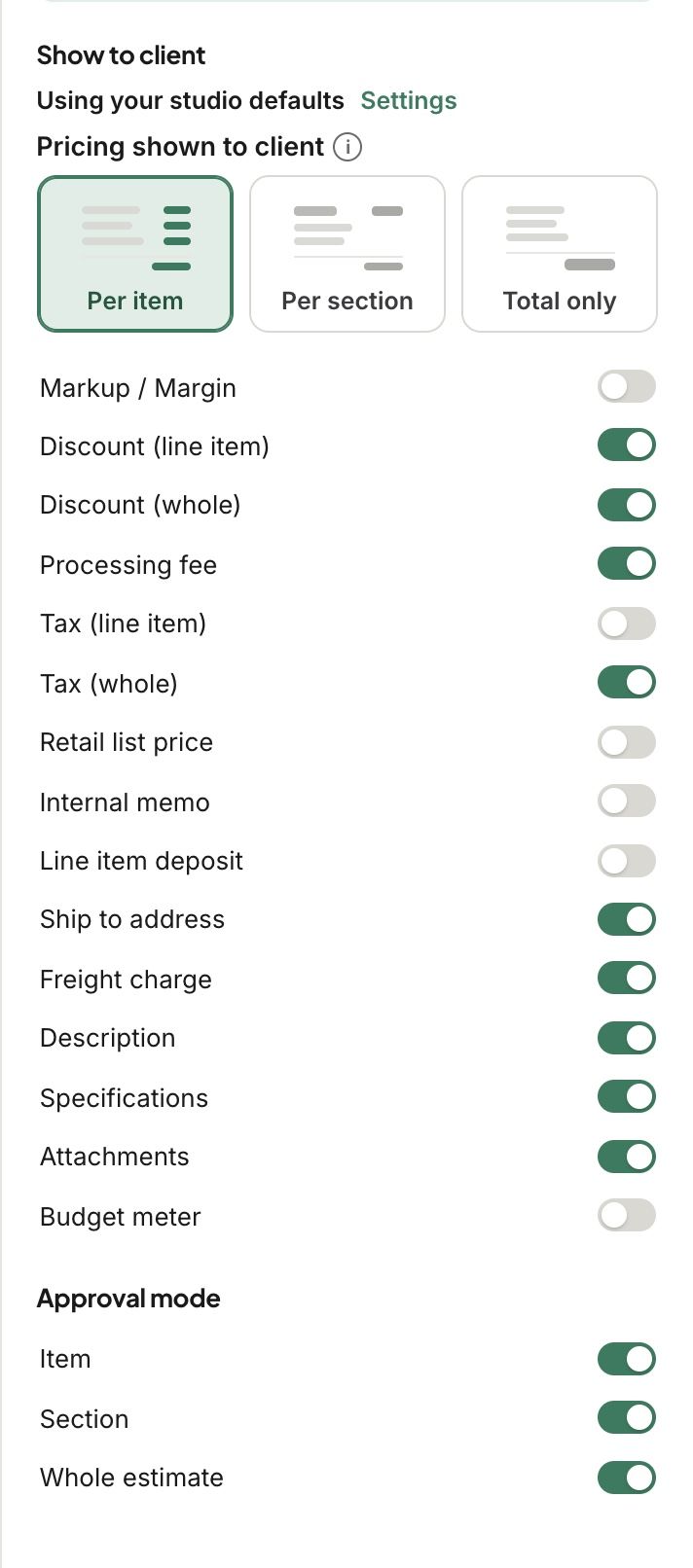 The Show to client panel: pricing shown, the switches, and approval mode