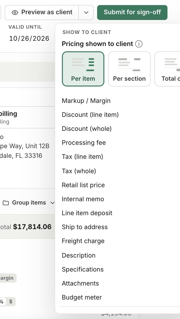 Show to client for one document, from the arrow beside Preview as client