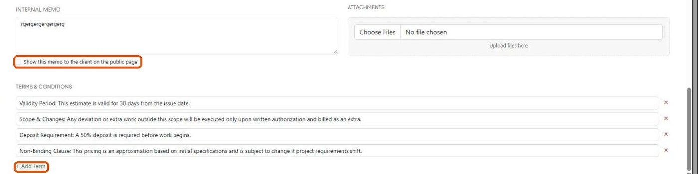 Internal memo with the show-to-client checkbox and Terms & Conditions