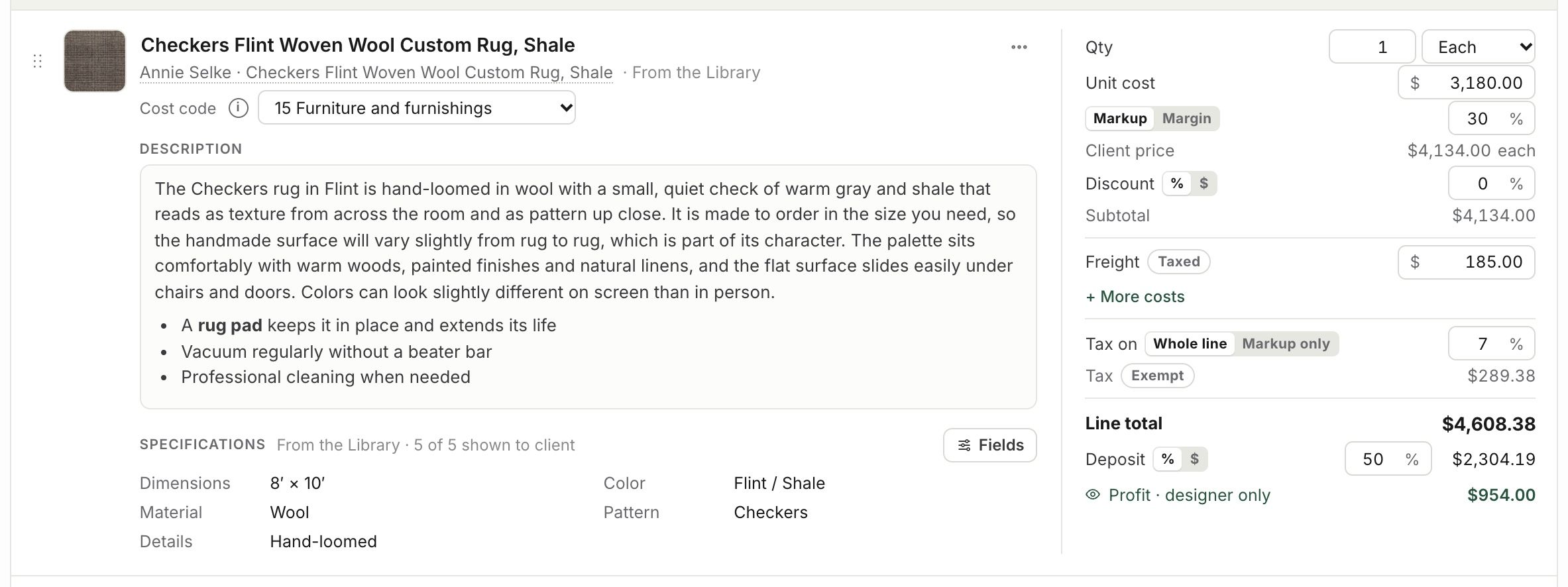 A line on an estimate: description and specs on the left, pricing on the right