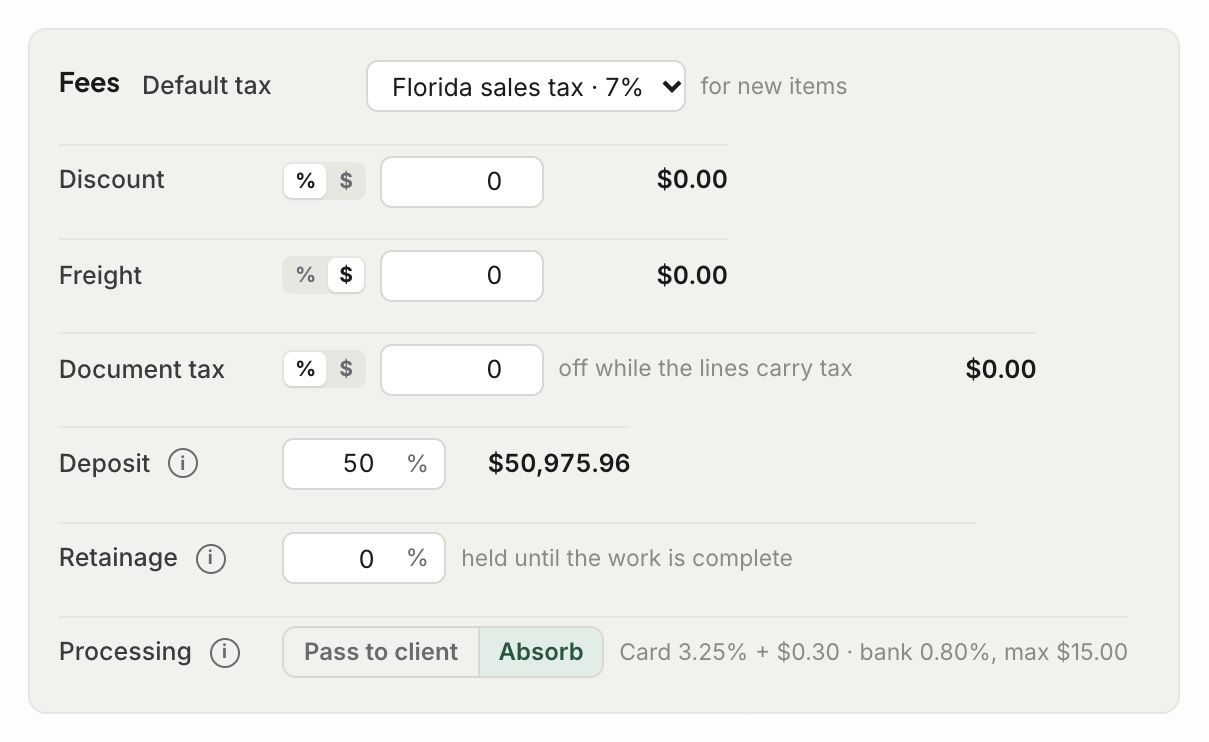 The fees box on an estimate
