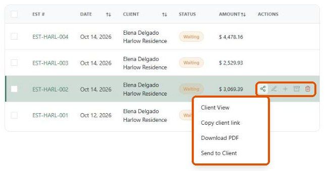 Share menu with Client View, Copy client link, Download PDF and Send to Client