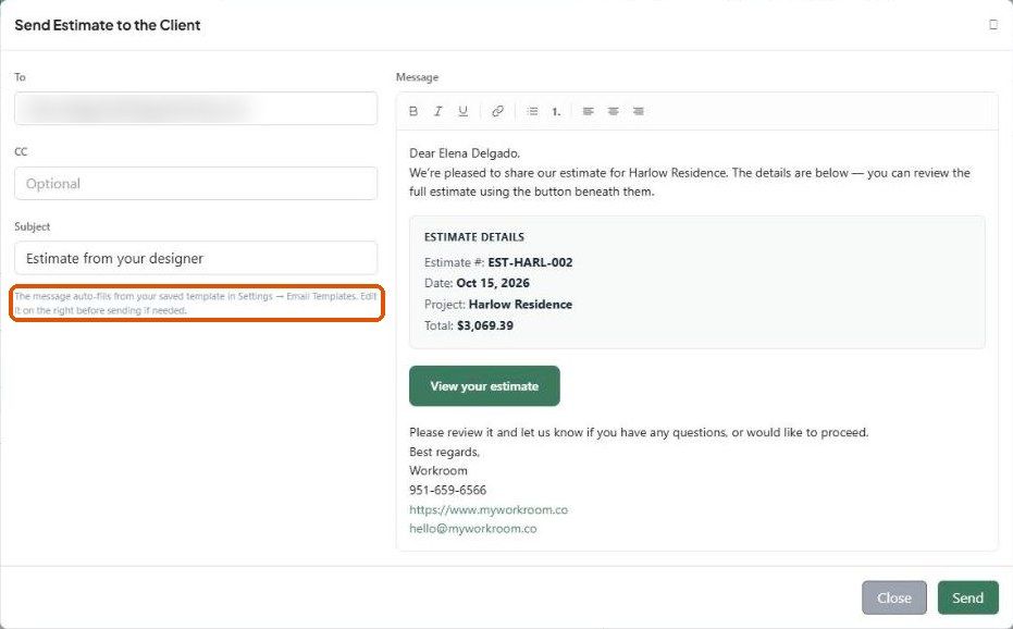 Send Estimate to the Client dialog