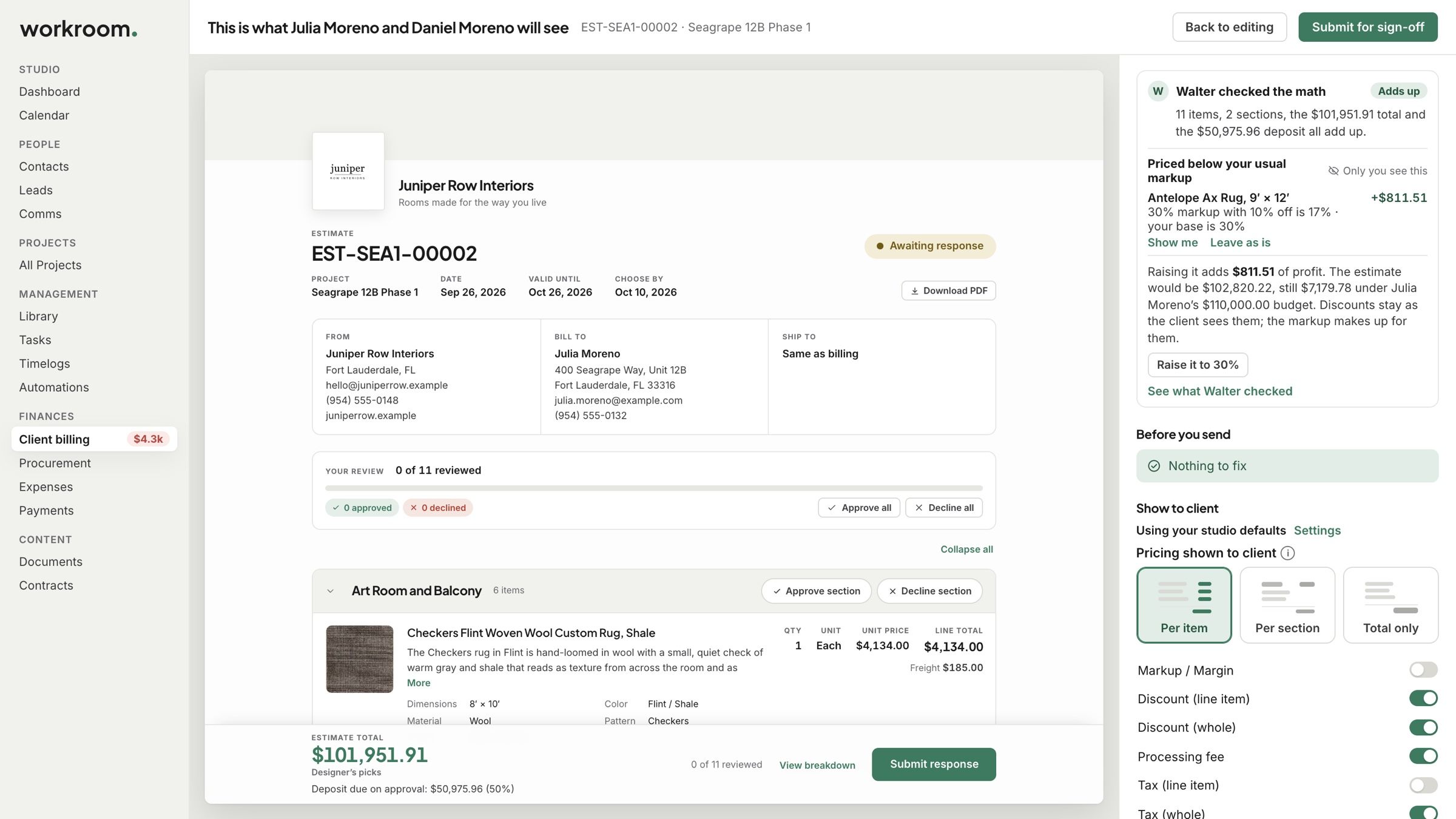 Preview as client: the estimate as your client will see it, with Walter’s checks and the Show to client switches