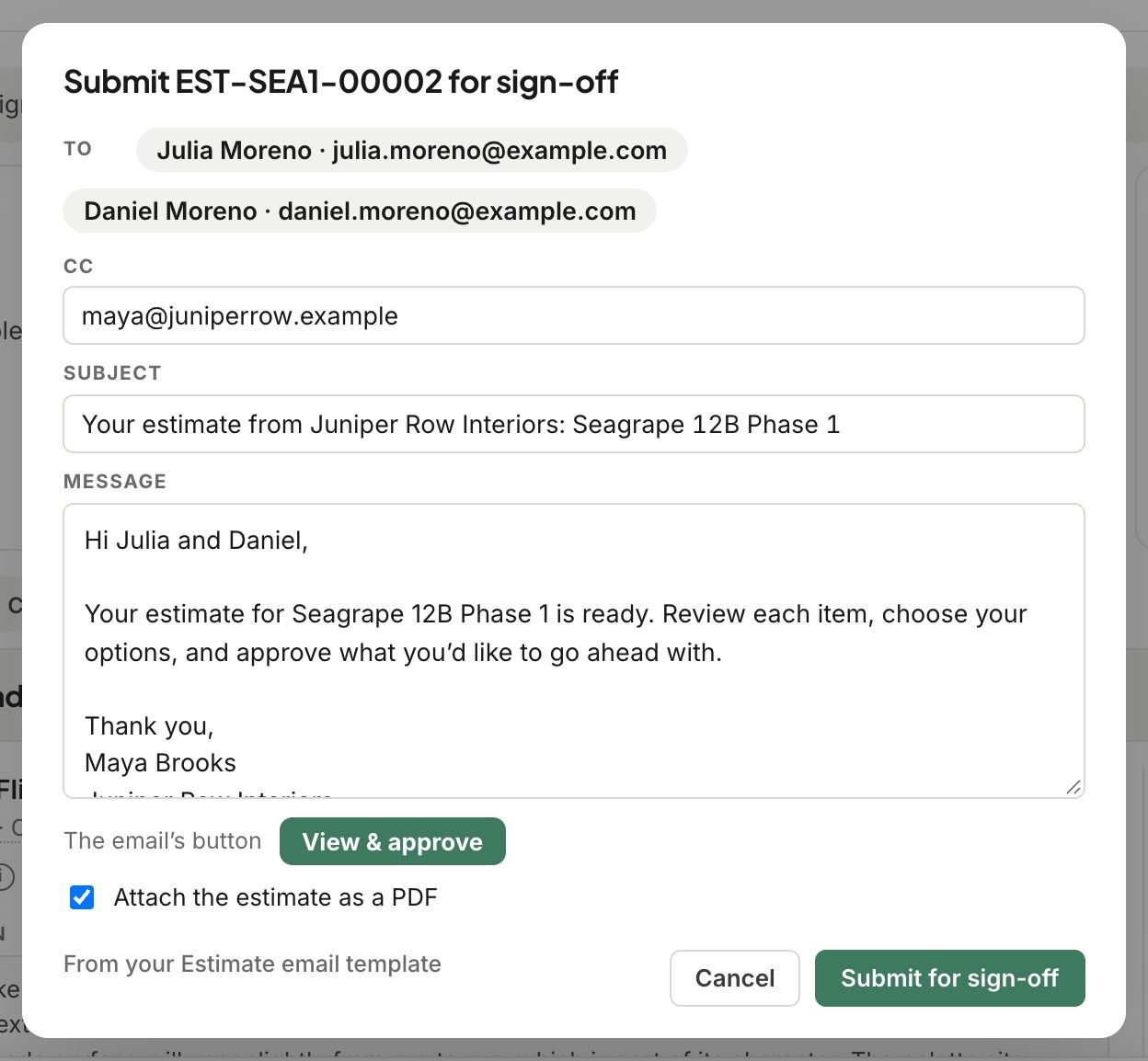 The email, ready to submit for sign-off