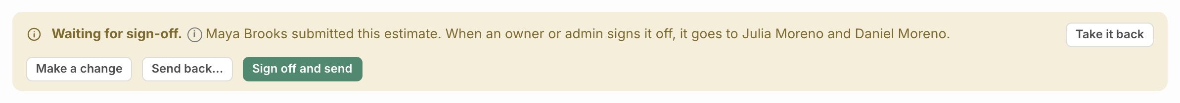 Waiting for sign-off, with Take it back, Make a change, Send back and Sign off and send