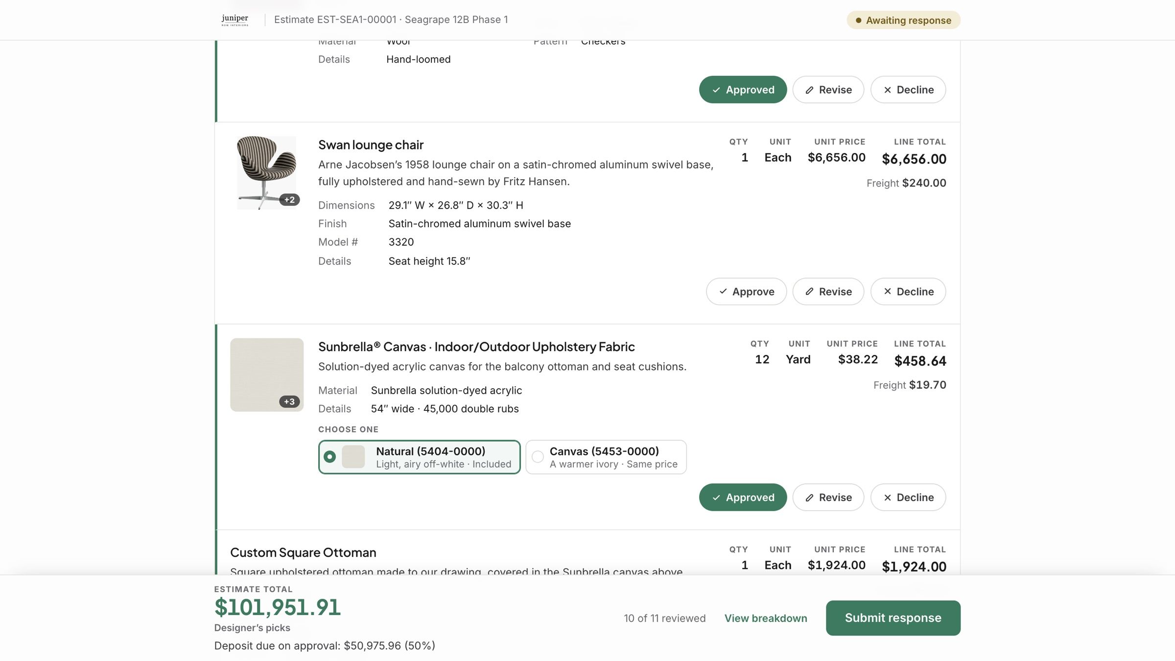 Your client’s estimate page, with Approve, Revise and Decline under each item