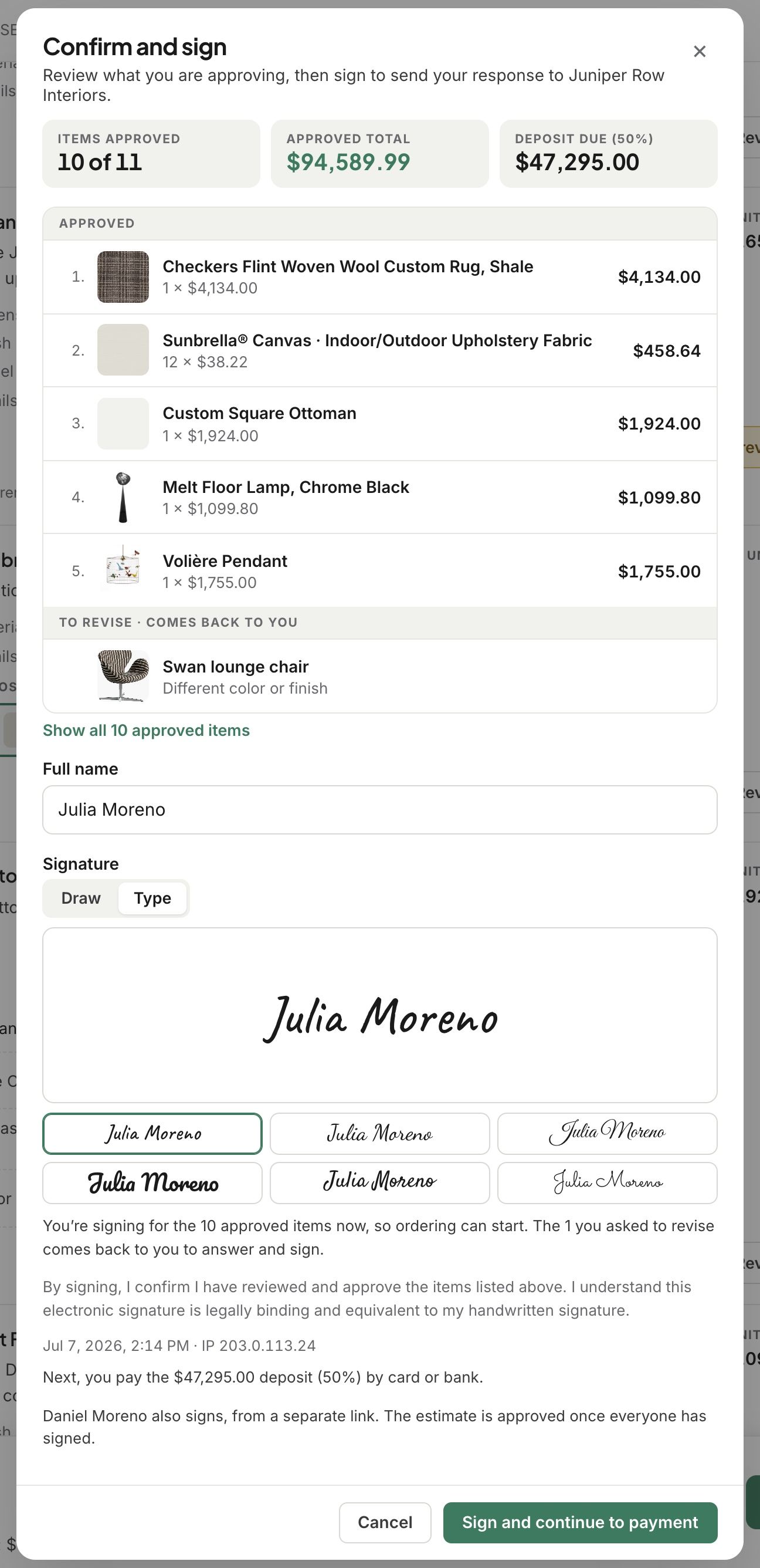 Confirm and sign: the approved items, the item to revise, and the signature