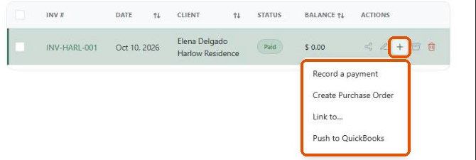 Invoice row plus menu with Record a payment, Create Purchase Order, Link to and Push to QuickBooks