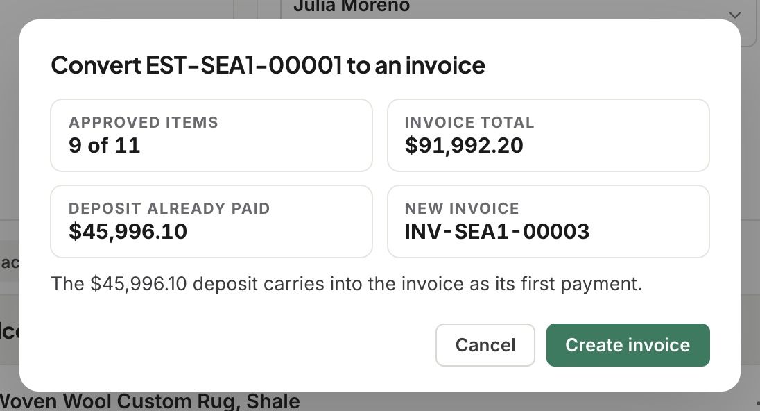 Convert to an invoice: approved items, invoice total, deposit already paid and the new invoice number