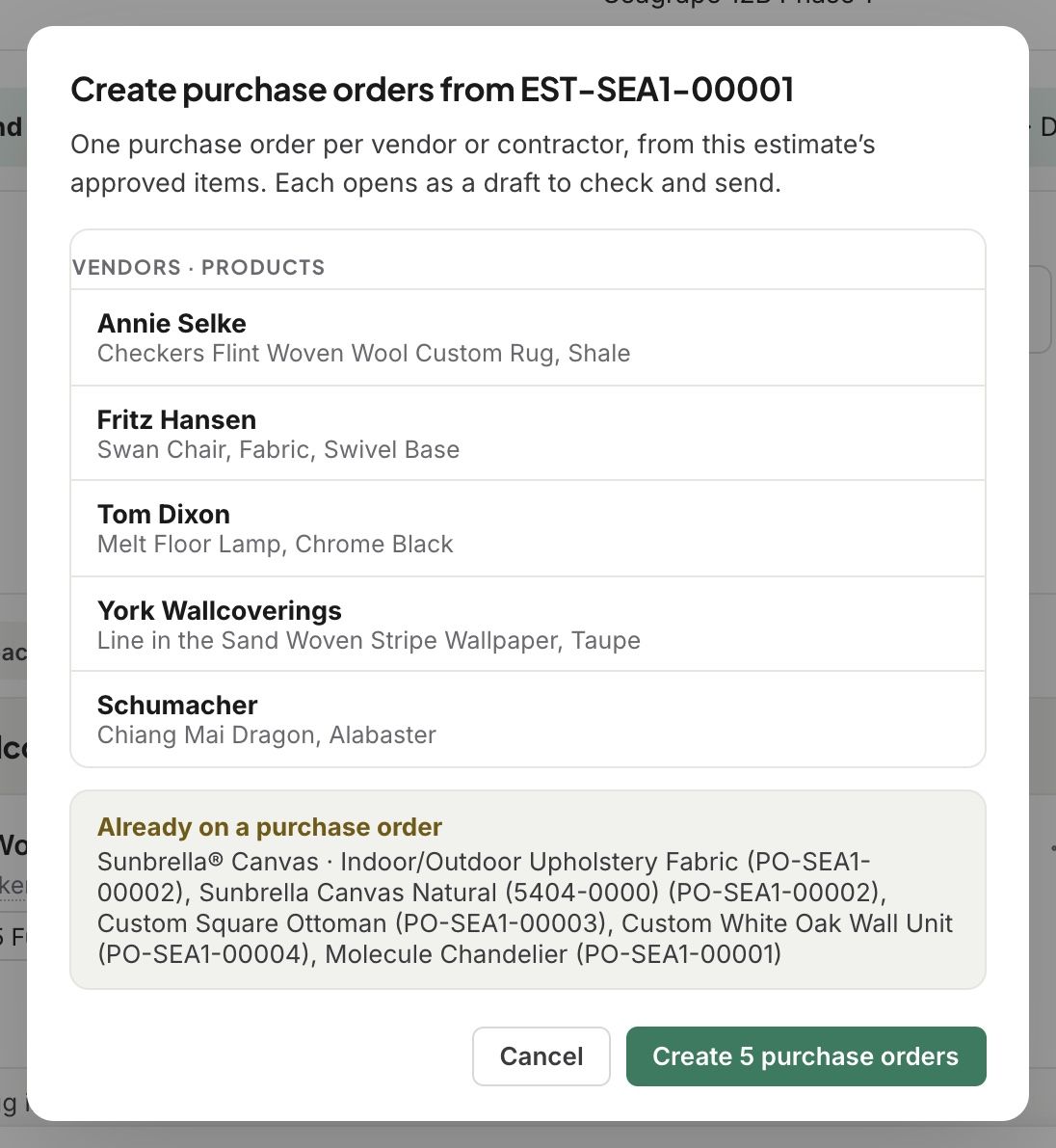 Create purchase orders: one per vendor, with items already on an order left out