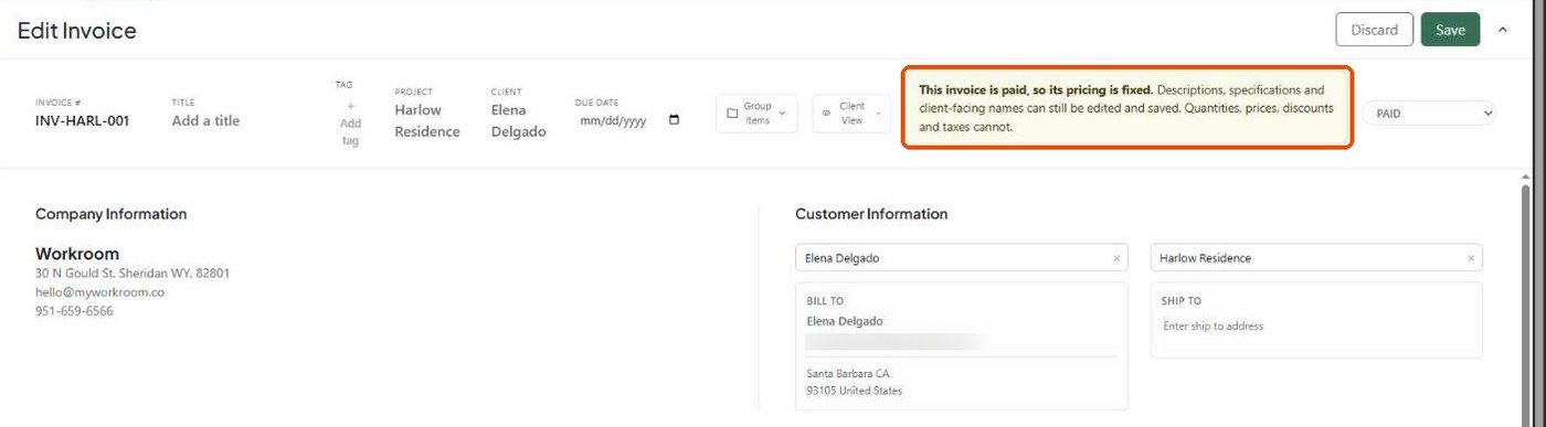 Notice on a paid invoice: pricing is fixed