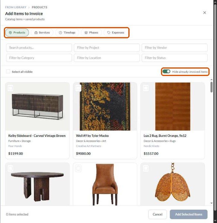 Add Items to Invoice panel with tabs and the Hide already-invoiced items toggle